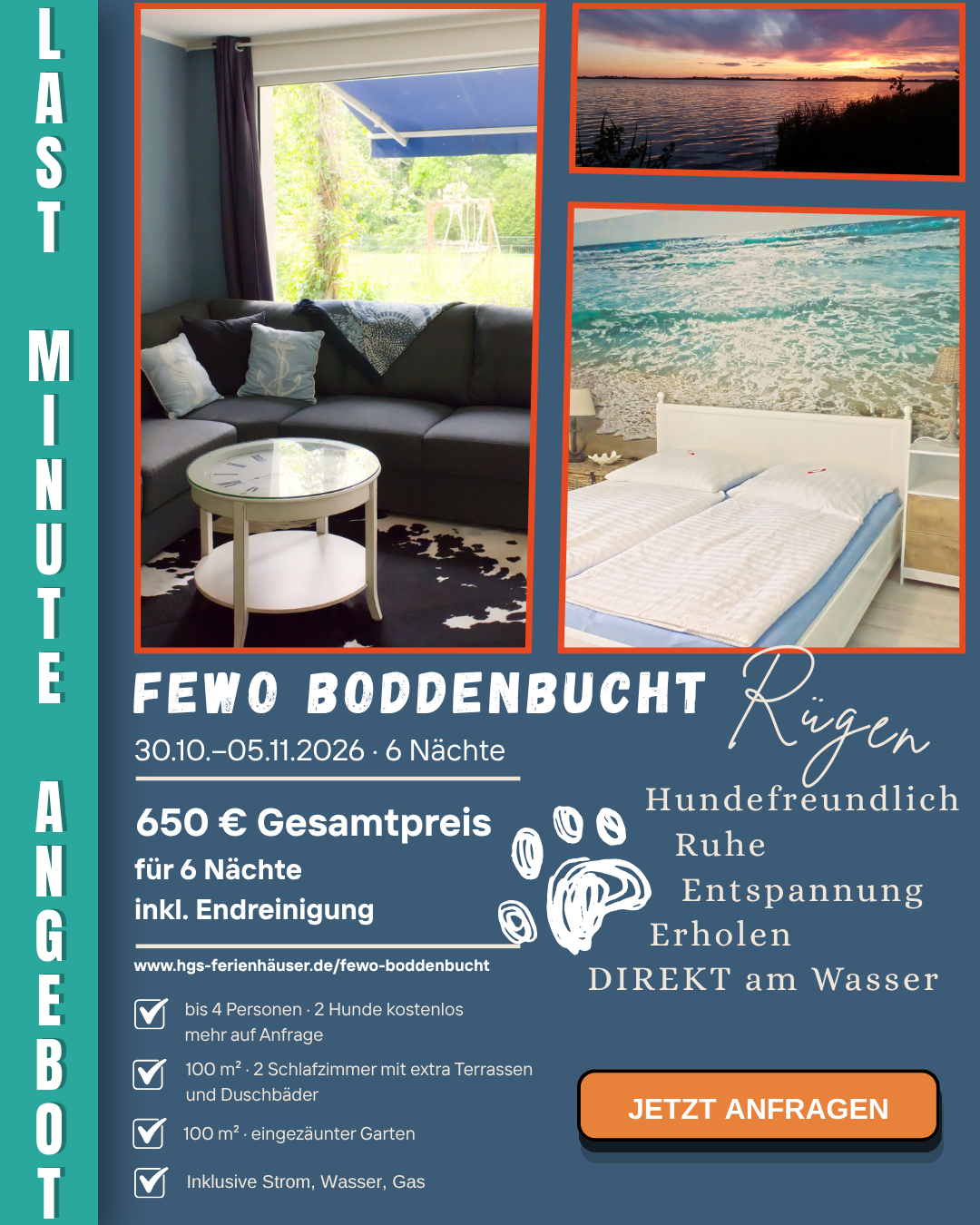 Fewo Boddenbucht 30.10.–05.11.2026 – Last-Minute-Angebot mit 2 Hunden kostenlos, eingezäunter Garten am Wieker Bodden